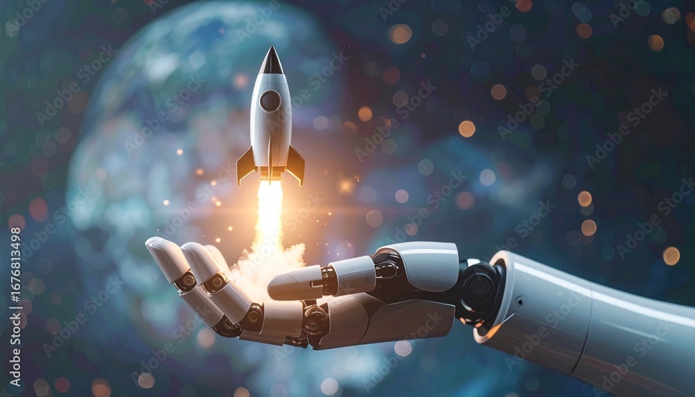 Poster a robotic arm delicately holds a rocket, launching it towards space, symbolizing innovation and prog