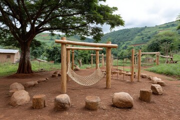Wooden playground structure with rope hammock in rural setting
