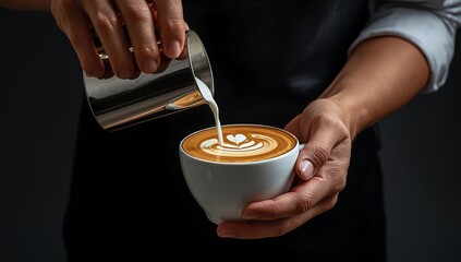 Barista pouring milk to create latte art in a white cup