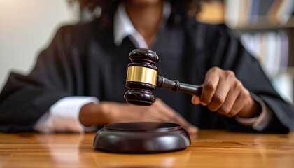 A judge presiding over court, holding a gavel in hand, symbolizing justice and legal proceedings.