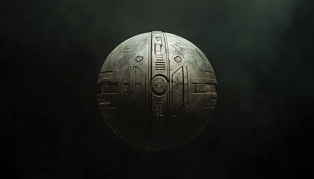 Cosmic relic sphere hovering in zero-gravity with divine tech markings
