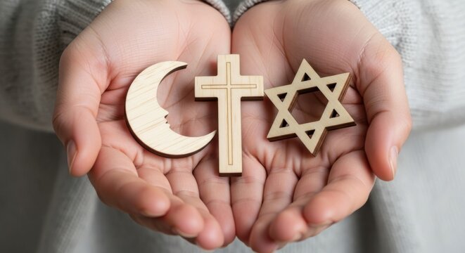 Hands holding symbols of christianity, islam, and judaism, representing interfaith unity and peace - Powered by Adobe