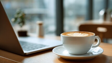 A cozy coffee shop scene depicts a latte art adorned cappuccino, placed invitingly next to a laptop. The soft, ambient lighting enhances the warm atmosphere.