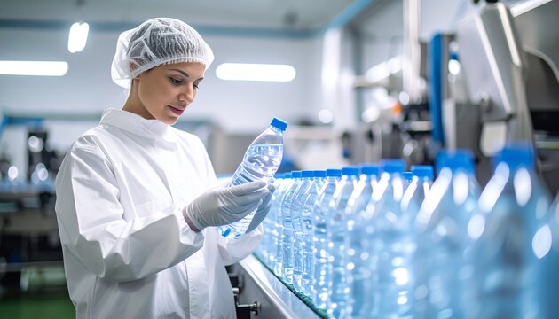 An employee inspecting bottled water at a factory. The worker is dressed in a protective suit, emphasizing the importance of hygiene and safety in the production process - Powered by Adobe