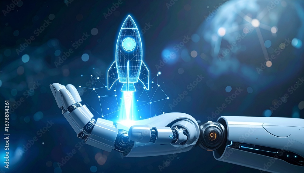 Poster a robot hand holding a glowing rocket in a futuristic display, representing innovation and technolog