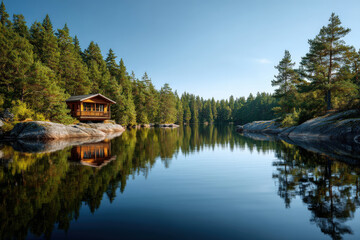 Fototapeta premium tranquil summer landscape depicting calm lakes reflecting single structure nestled in nature