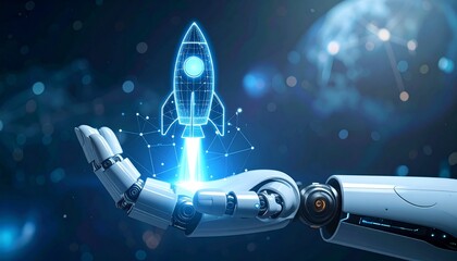 A robot hand holding a glowing rocket in a futuristic display, representing innovation and technological advancement. The scene is filled with digital sparkles.