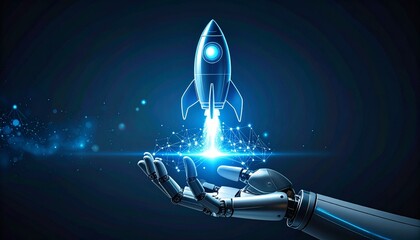 A futuristic robotic hand holding a glowing rocket ship, with the ship taking off into a deep space. This image symbolizes innovation and technological advancement