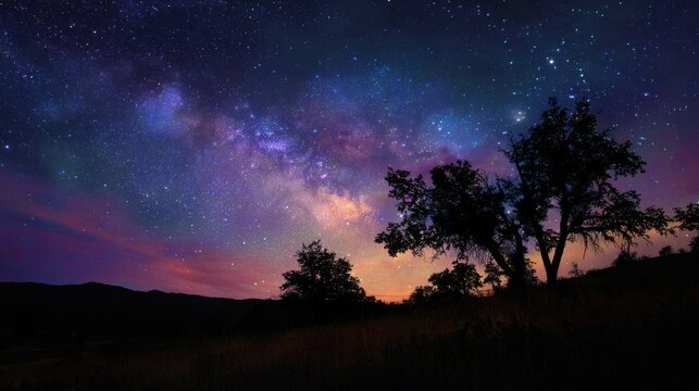 Breathtaking Night Sky with Milky Way and Silhouetted Trees at Dusk
