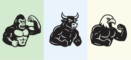 Gorilla bull and eagle mascots flexing muscles with bold illustration style. Animal gym logo