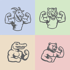 Set of strong animal mascots flexing muscles with bold illustration style.  gym logo Set