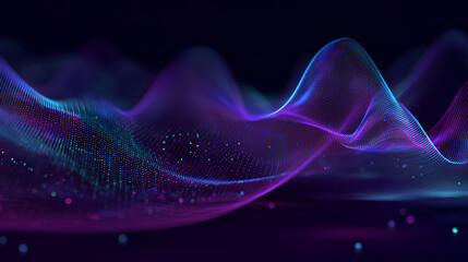 Neon background of purple and blue gradient glowing digital waves. Futuristic technology concept, vibrant energy. Dynamic waves flow with neon light and bokeh. Innovations, virtualization. 