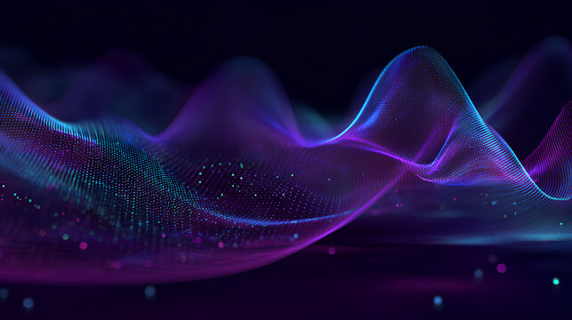 Neon background of purple and blue gradient glowing digital waves. Futuristic technology concept, vibrant energy. Dynamic waves flow with neon light and bokeh. Innovations, virtualization. 