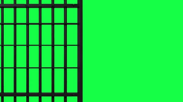 A static camera closeup of a heavy welded iron jail cell door,  jail bars door with alpha matte and green screen,
 3d rendered animation of opening prison door on green screen 