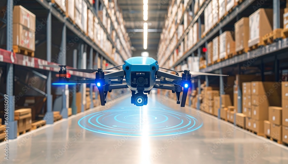 Poster a drone flying through a warehouse, navigating and capturing data for inventory management. the dron
