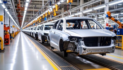 The production line of brand new cars inside a car factory. Cars are lined up, ready for assembly, and manufacturing machinery visible overhead