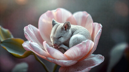 A small mouse sleeping inside a soft pink flower. Gentle and dreamy macro nature scene.