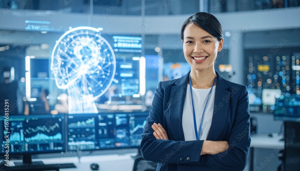 Poster a confident professional in a futuristic control room with tech interfaces and data visualizations. 