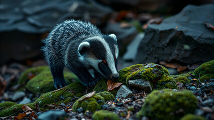 A badger walking over mossy rocks in a forest setting. Natural light highlights its fur and curious expression.