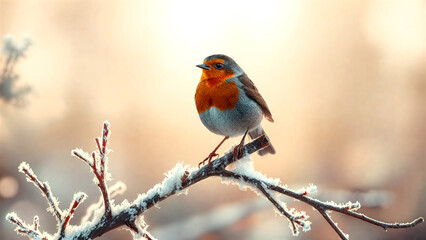 A vibrant European robin perched on a snowy branch in winter. Bright and crisp nature scene with soft bokeh.