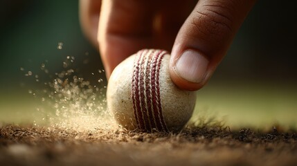 Close-up of a cricket ball being gripped by hand on a field during a sunny afternoon