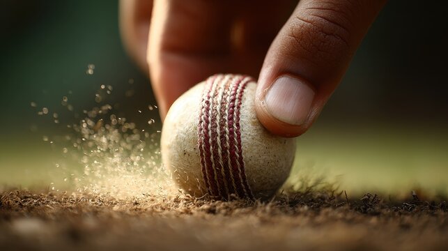 Close-up of a cricket ball being gripped by hand on a field during a sunny afternoon
