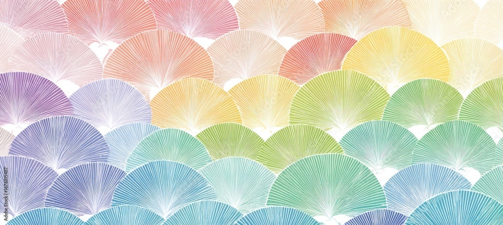 Poster rainbow gradient fans are overlapping, creating a vibrant and textured background with a repeating p