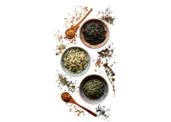 an artistic and visually appealing flat lay composition featuring various types of tea leaves, dried fruits, flowers, and herbs arranged in small  isolated on a transparent background in PNG format.