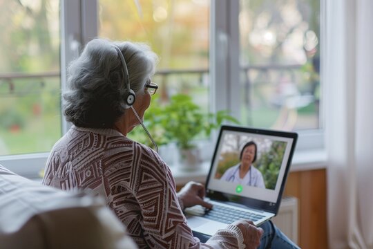 Older woman video calling doctor on laptop, telehealth consultation, cozy clean home office background, bright natural window light, professional stock photo.