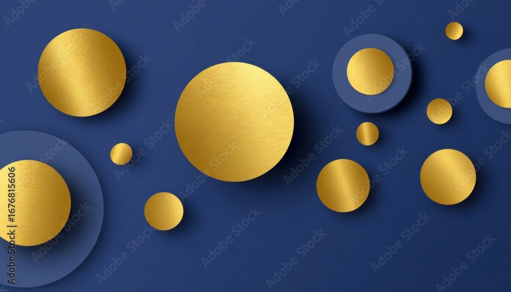 Poster golden circles varying in size overlapping on deep blue backdrop, forming sophisticated geometric ab