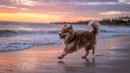 Furry pal races sunset on beach