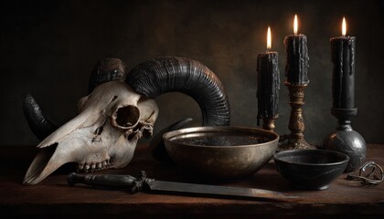 Weathered ram skull with curved horns lying on wooden surface, accompanied by black candles, ritual dagger, dark liquid bowl, suggesting occult mysticism and ancient ceremonial practices