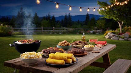 Grilled steaks, corn, potatoes, and watermelon served on a wooden table in a garden, with string lights and a barbecue creating a cozy summer evening atmosphere