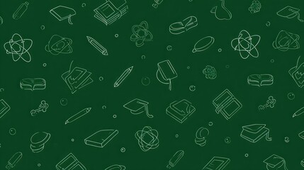 Seamless pattern of hand drawn educational icons on a green chalkboard background, celebrating learning and academic achievement for engaging educational projects