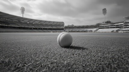 Cricket ball resting on the grass in an empty stadium before the match begins