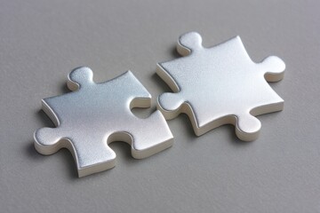 Obraz premium Silver puzzle pieces interlocking, symbolizing teamwork, strategic problem solving, and collaborative progress against neutral background