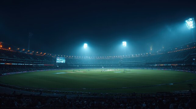 Nighttime cricket match at a large stadium with bright lights illuminating the field
