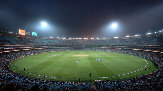 Exciting cricket match underway at night in a large stadium filled with passionate fans