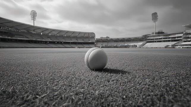 Cricket ball resting on the grass in an empty stadium before the match begins - Powered by Adobe