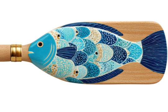 Decorative wooden fish shaped paddle with blue and white scales on transparent background