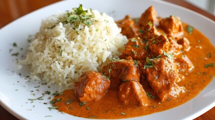 Chicken tikka masala, a creamy tomato-based curry, served with fragrant basmati rice, garnished with fresh coriander