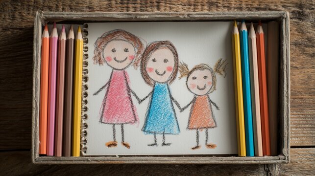 Colorful child's drawing of a happy diverse family in a wooden box with colored pencils, celebrating family bonds and creativity