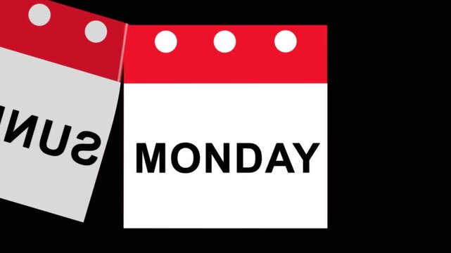 Animated calendar with 7 days of the week in calendar format on black background. Simple and clean design. Perfect for videos, time management, organization or scheduling.