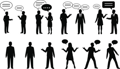 Vector Silhouettes of People Talking with Speech Bubbles – Communication and Conversation Icons for Business, Discussion, or Social Media DesignVector Silhouettes of People Talking with 