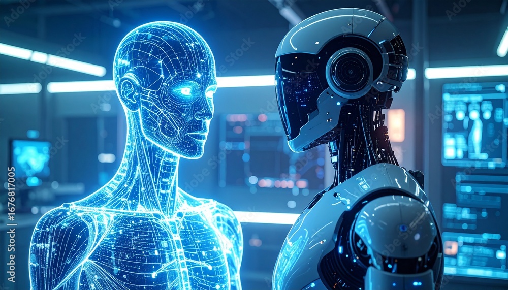 Poster futuristic concept of a human and a robot facing each other with high-tech lights. a captivating and