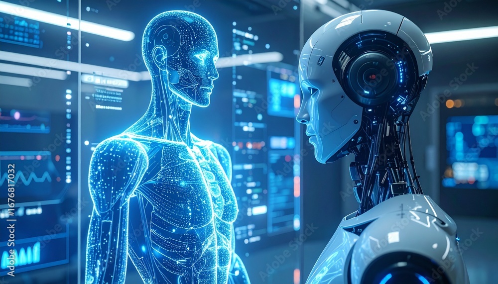 Poster the captivating encounter of an intelligent robot gazing at a human digital representation, explorin