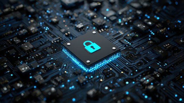 Digital security representation with lock icon on circuit board at night