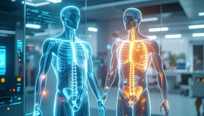 A scientific depiction of the human body, showcasing the skeletal and muscular systems, illuminated with futuristic, vibrant glows. The scene is set in a modern, technological environment