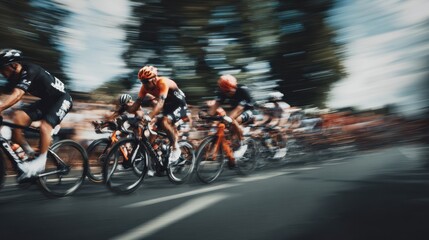 Intense cycling race on a busy street with competitors nearing finishing line