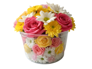 Pink yellow and white artificial flowers in a clear plastic vase bouquet
